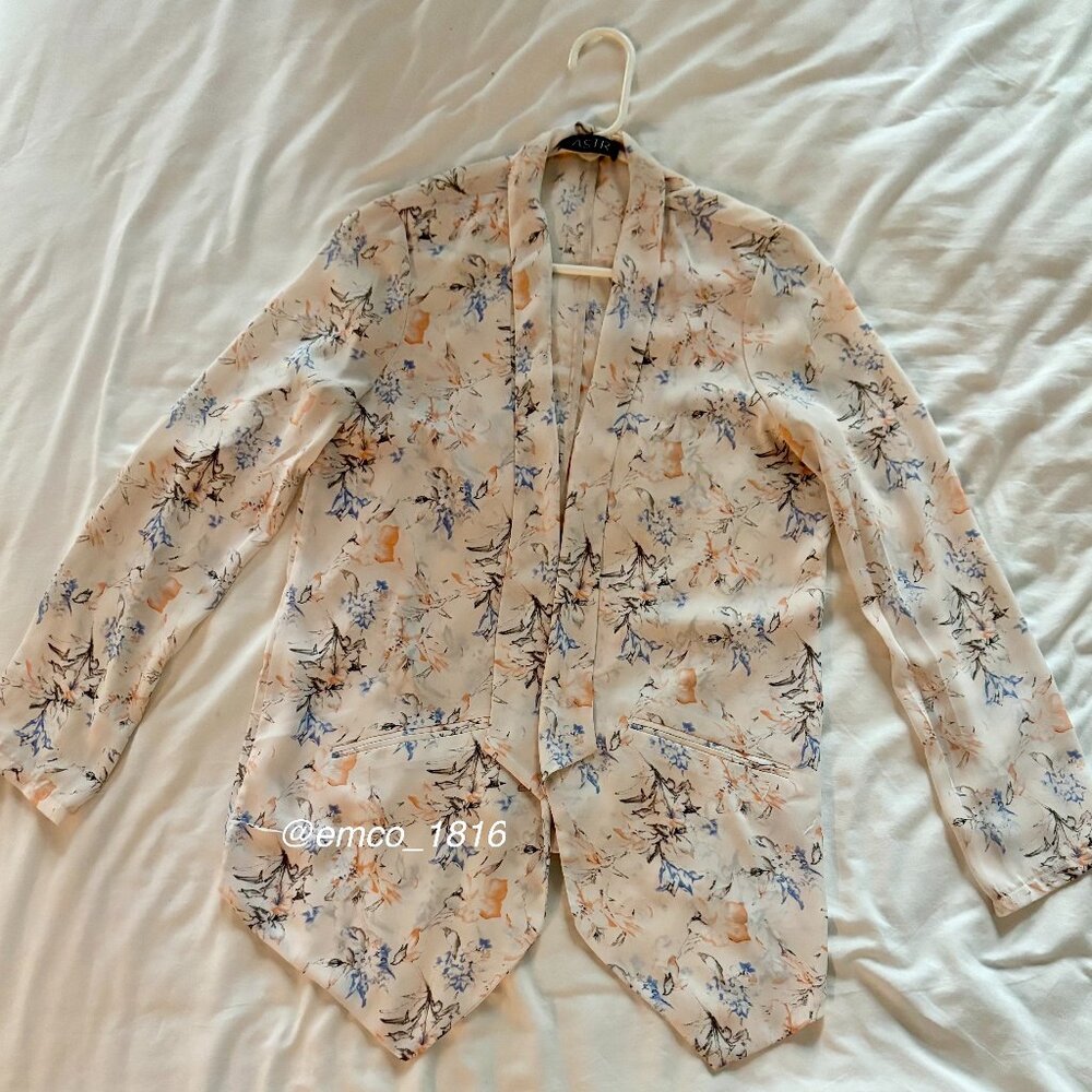 ASTR The Label Sheer Watercolor Floral Print Open Front Blouse/Blazer, Size M/L
